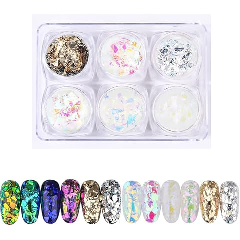 6 Colors Size A Foil Nail Chip Glitter, Irregular Gold foil tinfoil Magic Nail Glitter, Nail Foil Flakes for Nail Art Decoration. Holographic Nail Foil Sequins for Nail DIY, Makeup, Graft. Cover