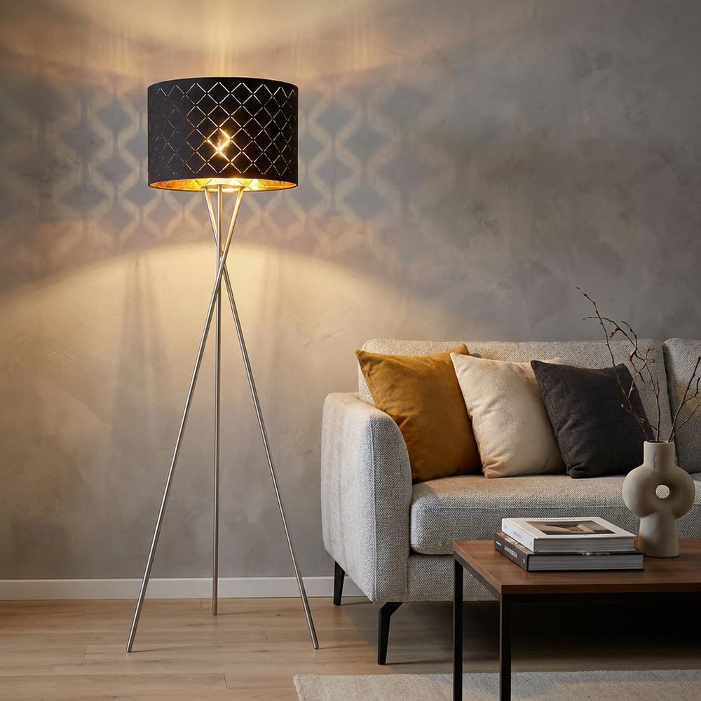 Stehlampe Textilschirm schwarz gold Beistellleuchte 3 Bein Stativleuchte Textil, Nickel matt, E27 Fassung, DxH 62x158 cm