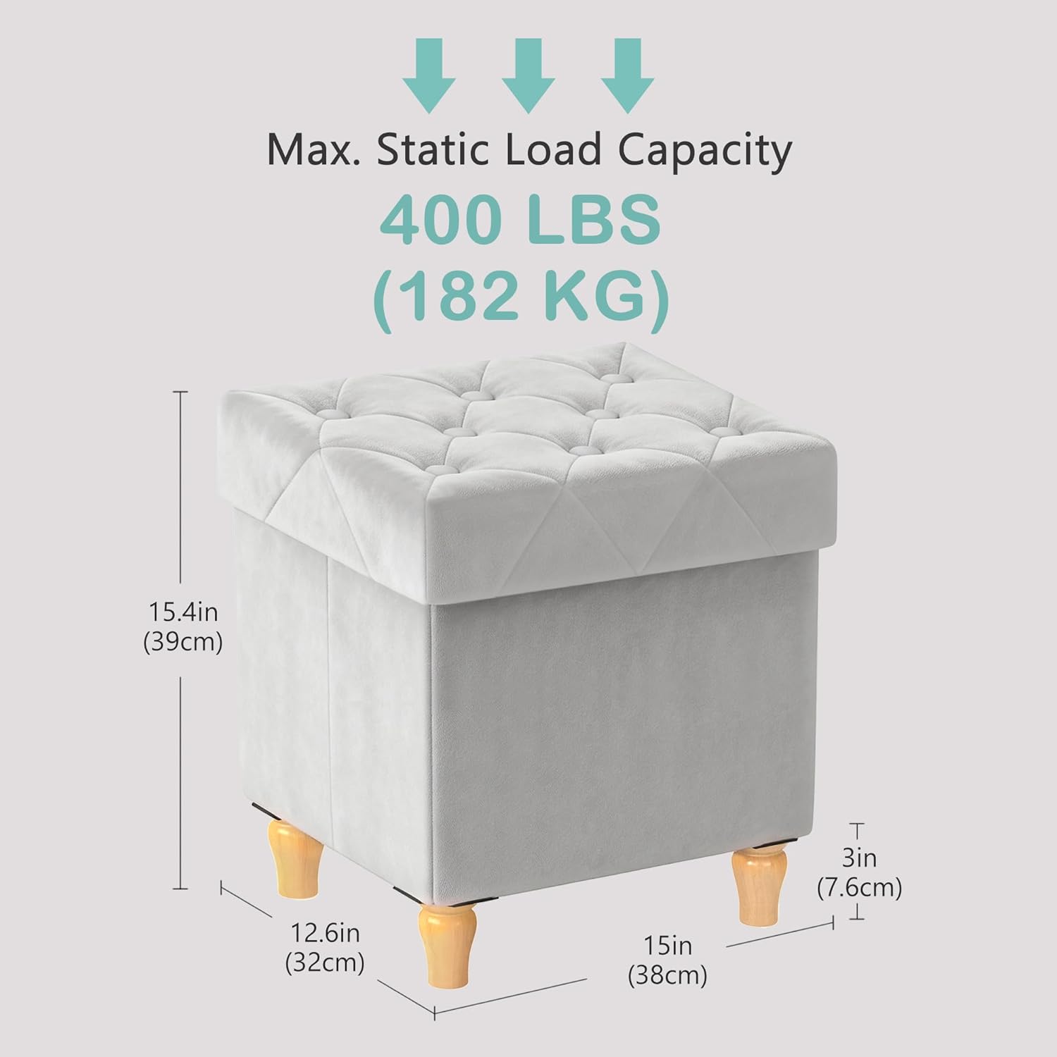 CAROLMADE Folding Storage Ottoman Cube Velvet Footstool with Wood Legs Ottoman Footrest for Living Room and Bedroom, Grey 15"x12.6"x15.4”