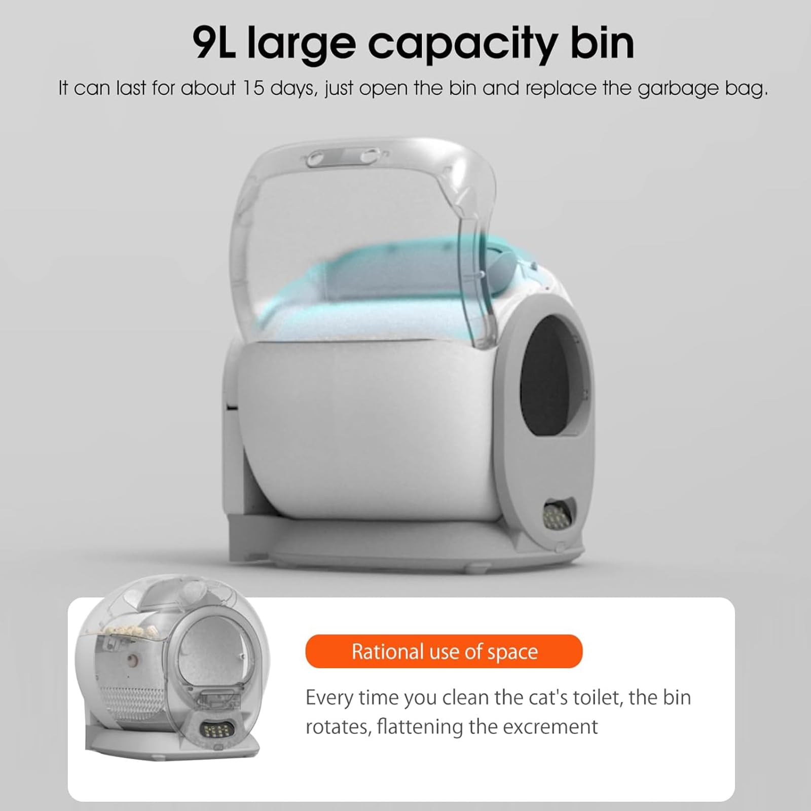 Arenero para Gatos Autolimpiante, Bandeja De Arena Automática, Inodoro para Gatos, Sistema Antiolores, Control De Aplicaciones por WiFi, Gran Capacidad 65L+9L