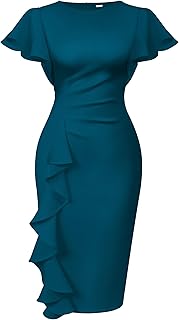 Women's Vintage Church Ruffle Sleeve Ruched Bodycon Work Midi Pencil Dress