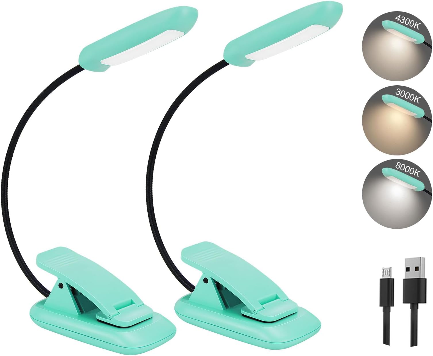 BIGMONATRechargeable Book Light, Portable Bendable Neck, Brightness Adjustable Reading Light, Eye Care Reading, Warm & White LEDs, Perfect for Kids, Bed Headboard & Travel, Blue,2Pack