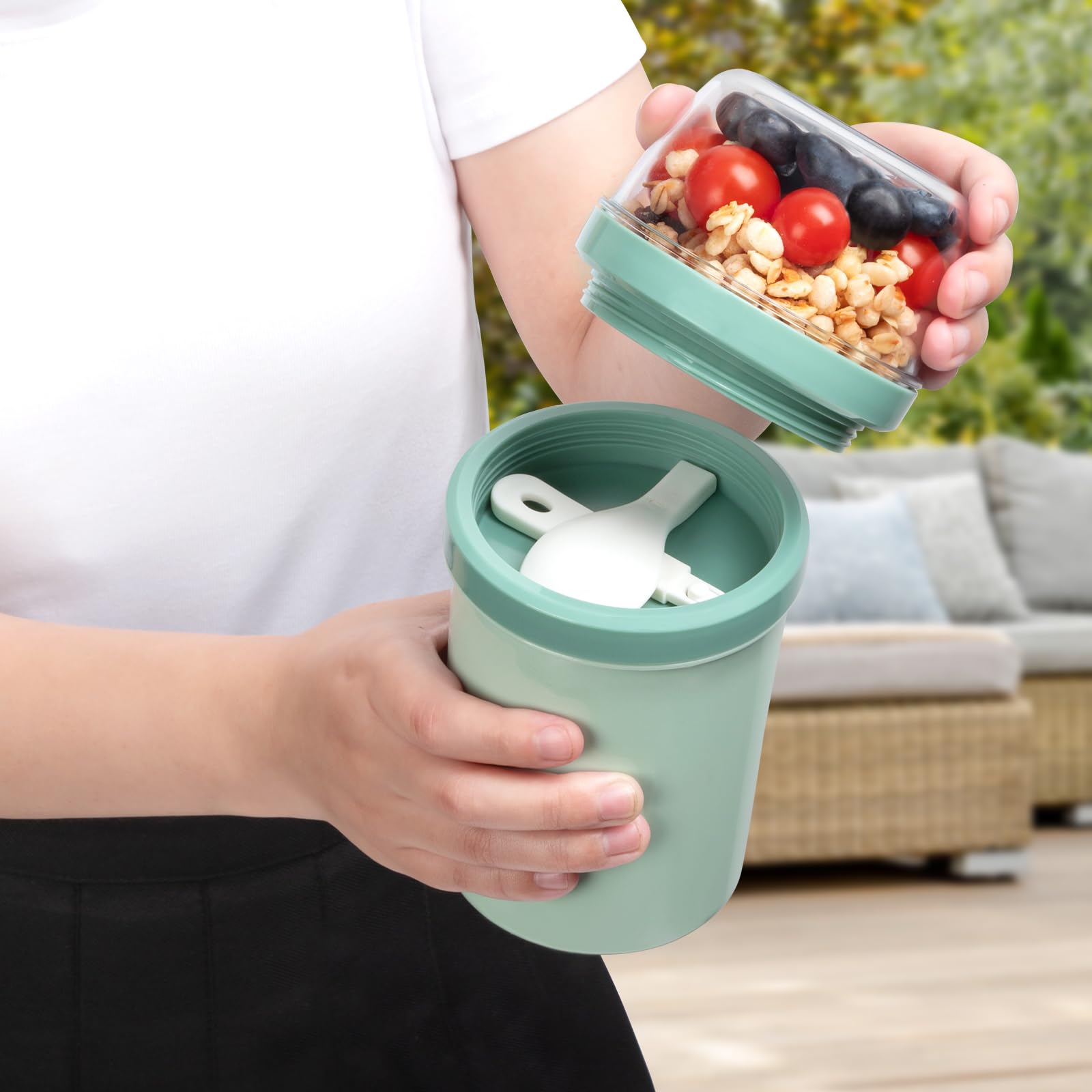 2-Pack Insulated Lunch Pot With Spoon - 2-Tier Detachable Container For Yogurt, Fruit, Soup (Green/Blue)
