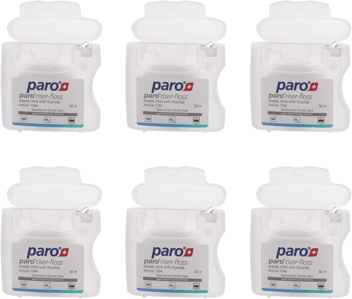 Paro Swiss Paro Riser Floss, Mint, Waxed, Fluoridated, 50 m - 6 Pack