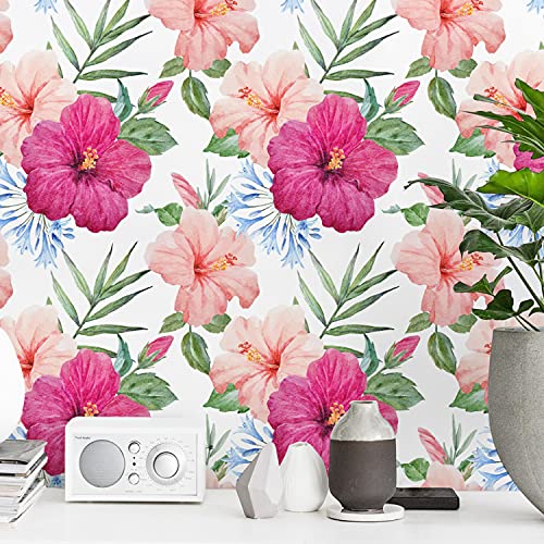 Papier peint muralo fleurs d'hibiscus pour masquer les imperfections de mur - 2