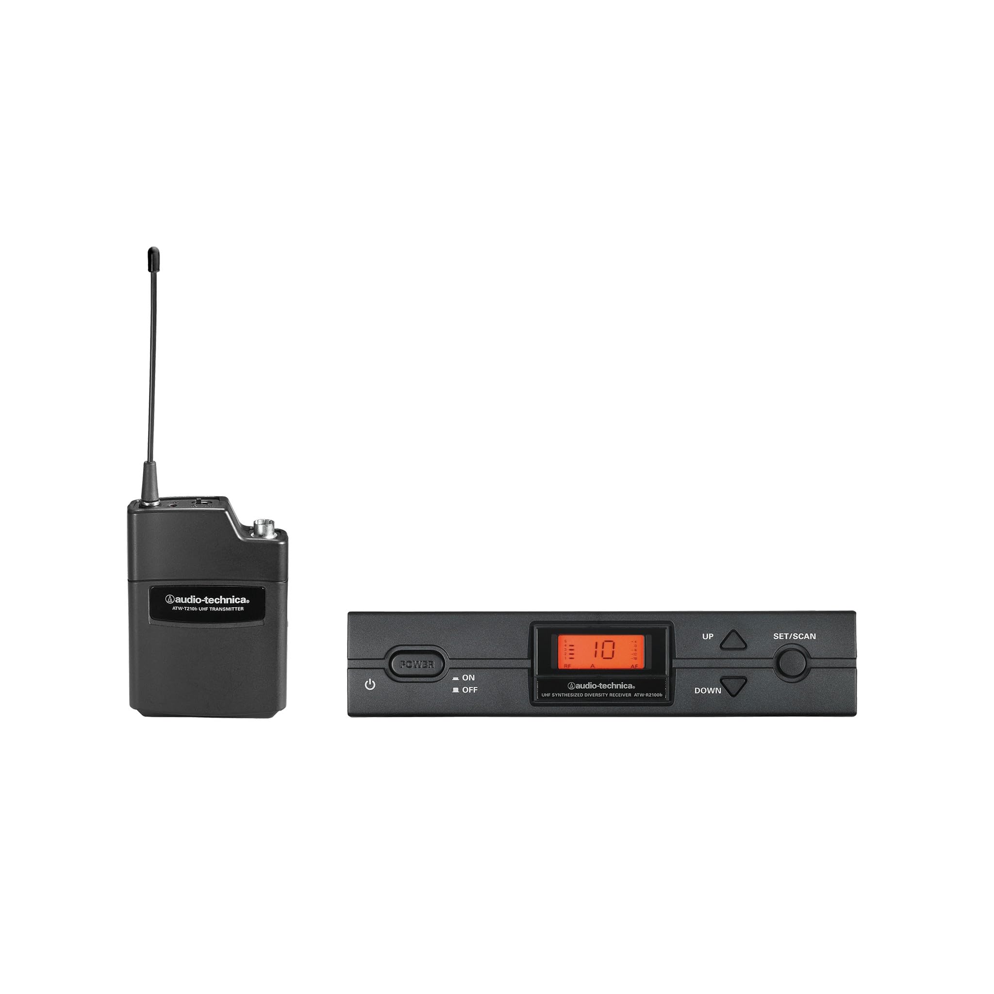 Audio-Technica ATW-2110c Wireless Bodypack System components including receiver, bodypack, and antennas.