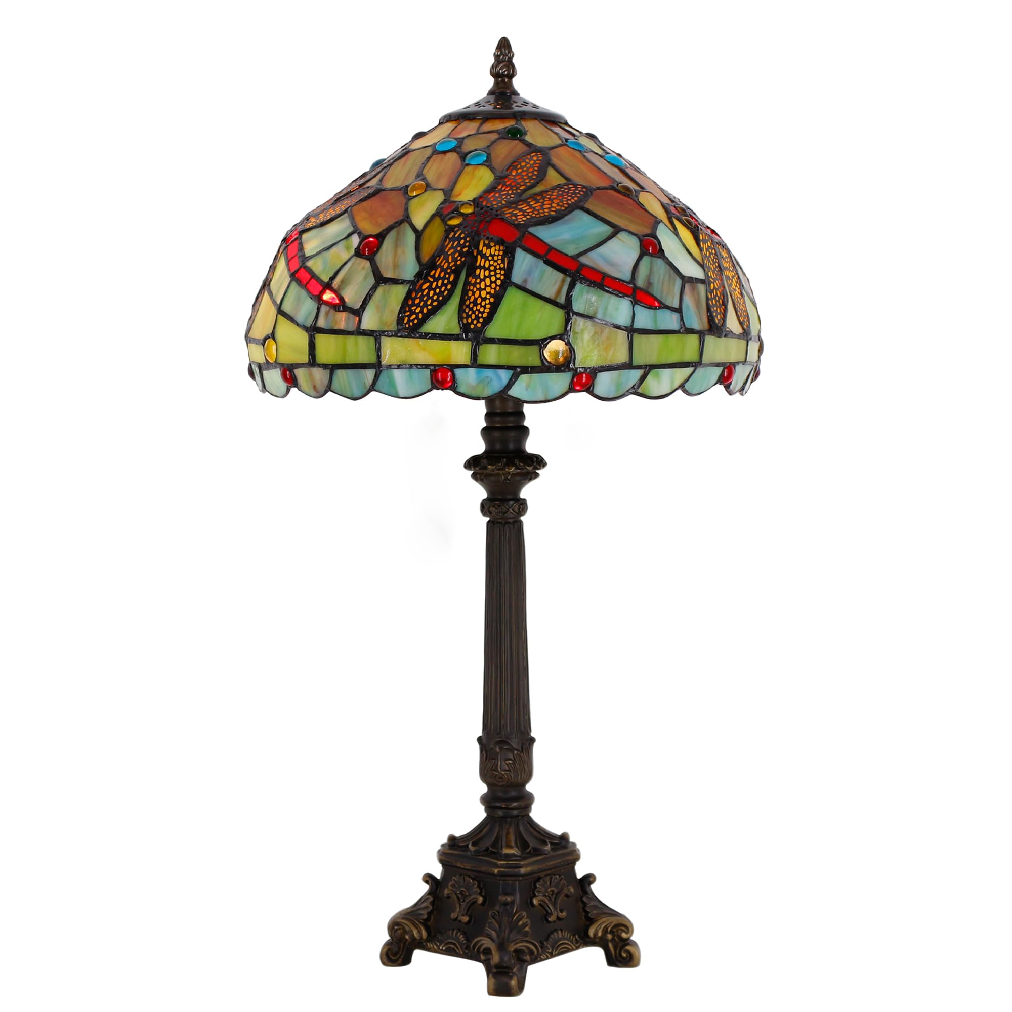 ZJART Tiffany Table Lamp Stained Glass 12X12X21 Inches Red Green Dragonfly