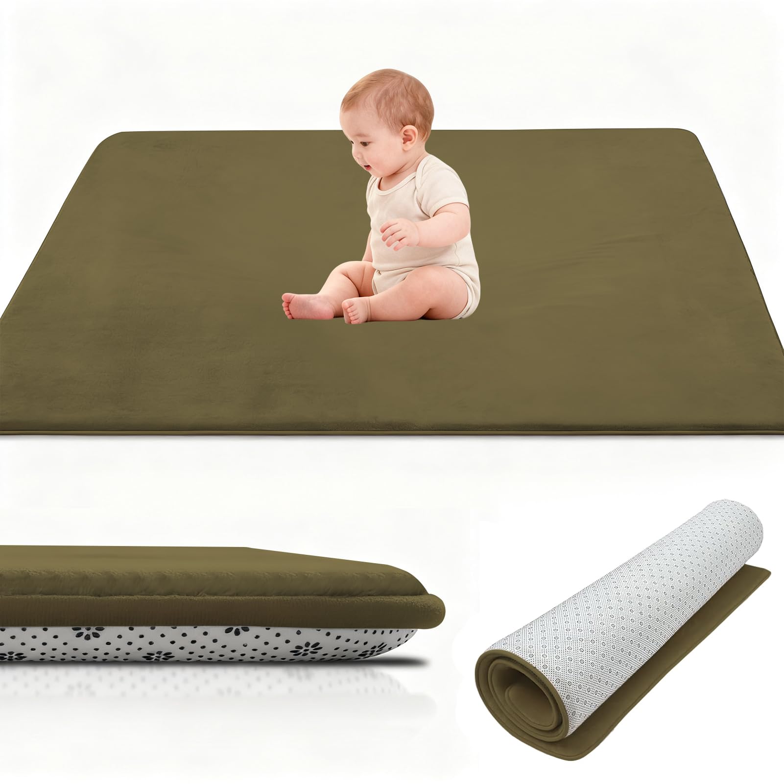 Stqyeiw Coral Velvet Thick Baby Play Mat, 2cm Memory Foam Rug, Baby Crawl Mat, Large Baby Activity Play Mat, Non Slip Children's Floor Tatami Rugs 90 x 180 cm Army Green