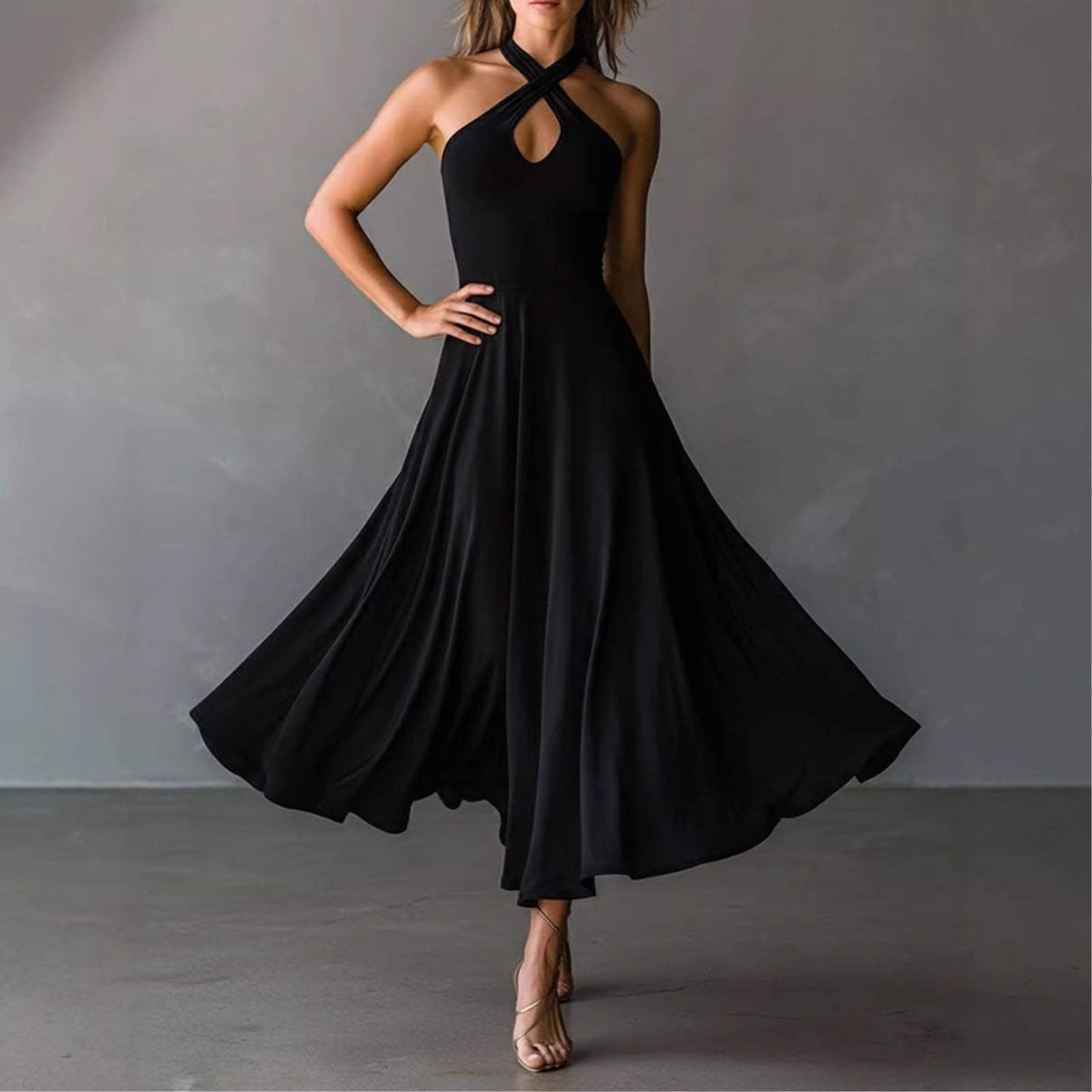 Abito Donna Halter Collo Midi Keyhole Taglio Un Vestito di Festa Linea, Morbido Tessuto Opaco Fluente per Cocktail-01 Black-XL