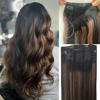 Wire Extensions Black,Balayage Hair Extensions, Human Hair Wire Extensions, 14Inch 70g Balayage Natural Black to Chestnut Brown Highlighted Clip in Hair Extensions Natural Straight Real Human Hair Extensions with Invisible Fish Line