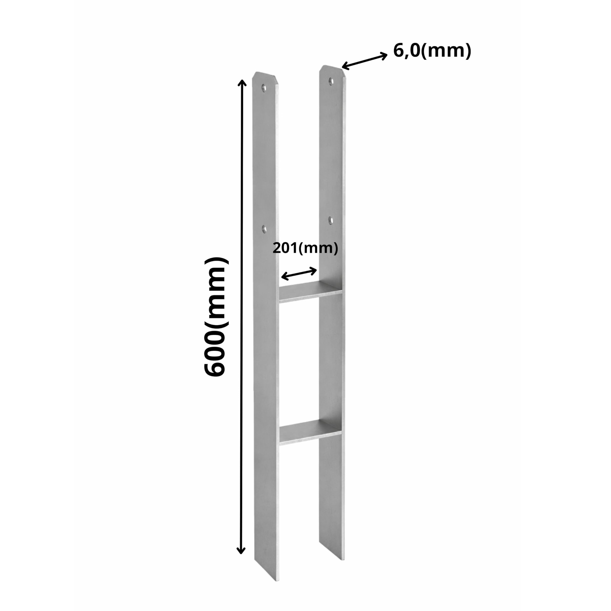 H-Pfostenträger 201 x 600 x 6 mm verstellbar feuerverzinkt 6 Stück – 70–200 mm Breite – zum Einbetonieren – für Zaunpfosten, Carport & Gartenbau