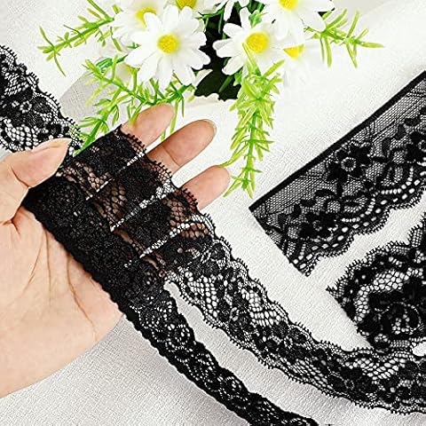4 Rolls 24 Yards Floral Lace Ribbon Stretch Floral Pattern Lace Ribbon Vintage Lace Ribbon Wide Black Tulle Lace Trim for DIY Crafts Sewing Present Wrapping Decoration Cover