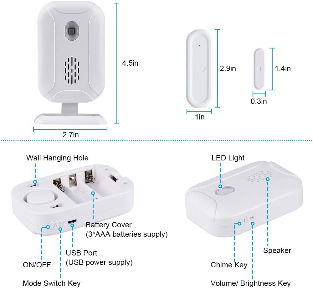 Wsdcam Wireless Door Open Chime (36 Chime Tunes | 4 Volume Levels | LED Flashing Light) - 1 Magnetic Door Alarm Sensor, 1 Receiver Battery Operated
