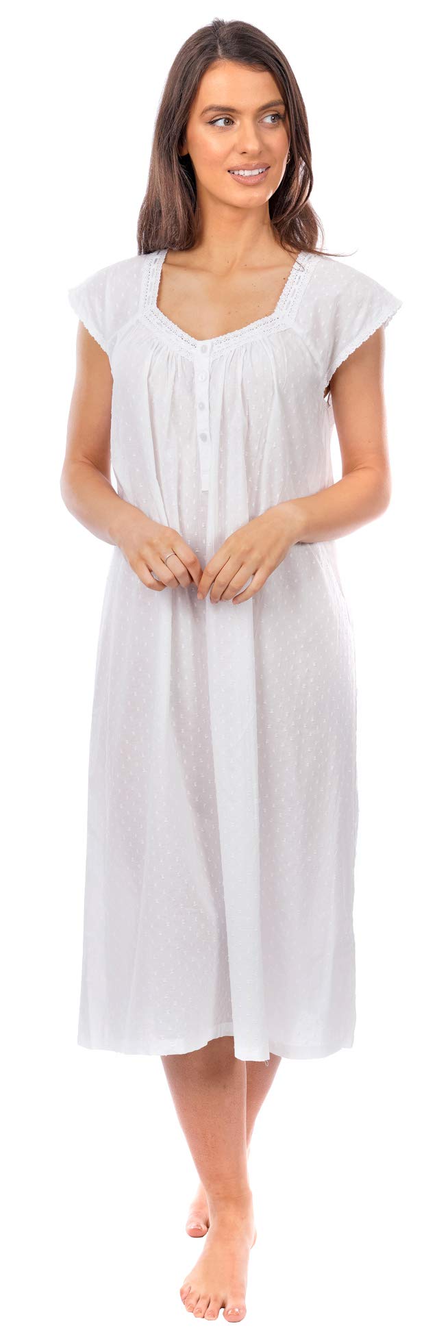 i-Smalls Camisón para mujer, 100% algodón, transpirable, manga corta, con ribete de encaje, diseño victoriano