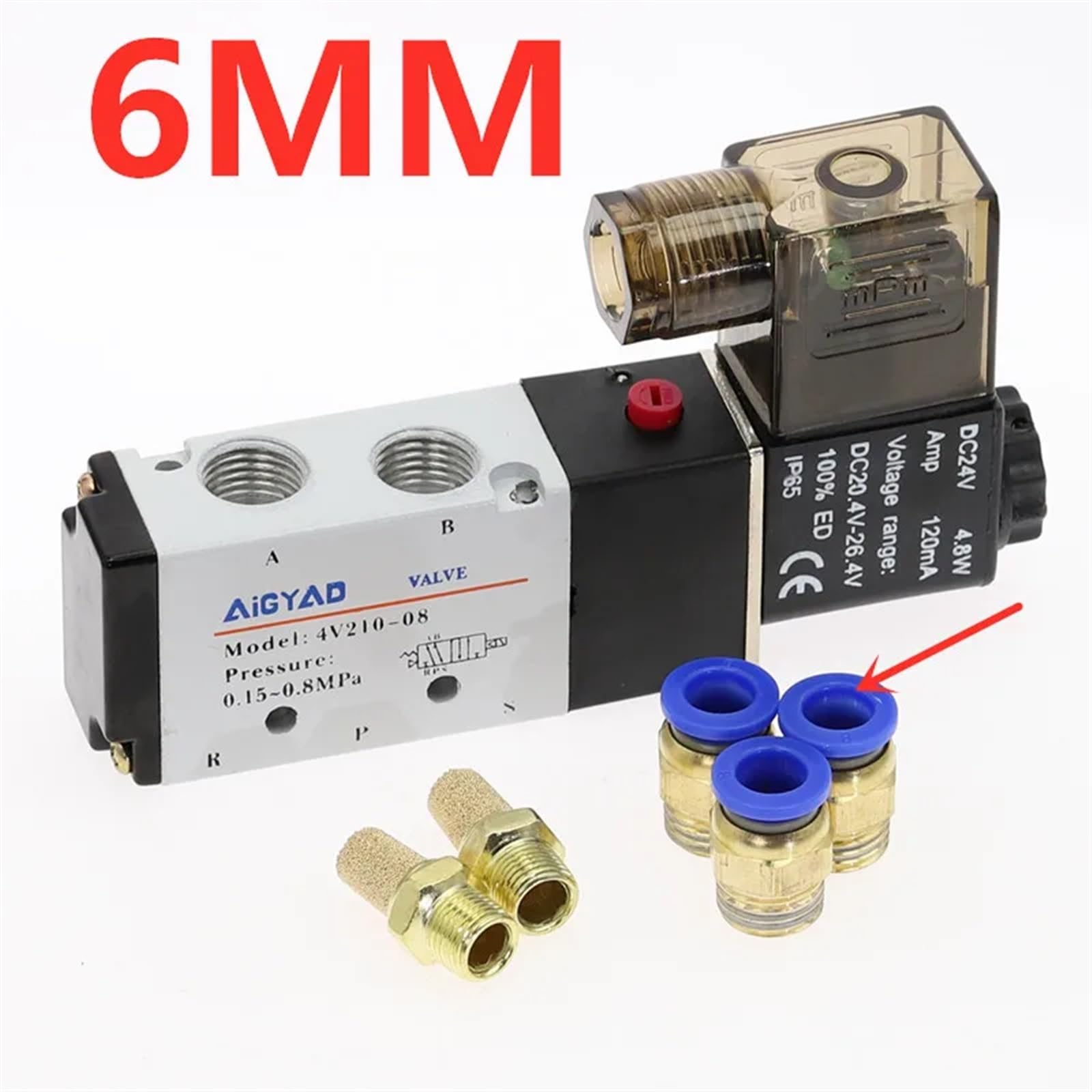 Electroválvula neumática eléctrica de 5 vías y 2 posiciones, control aire gas, válvula magnética, 12 V, 24, 220, bobina, manguera 4 mm a | Pc 6mm Fittings