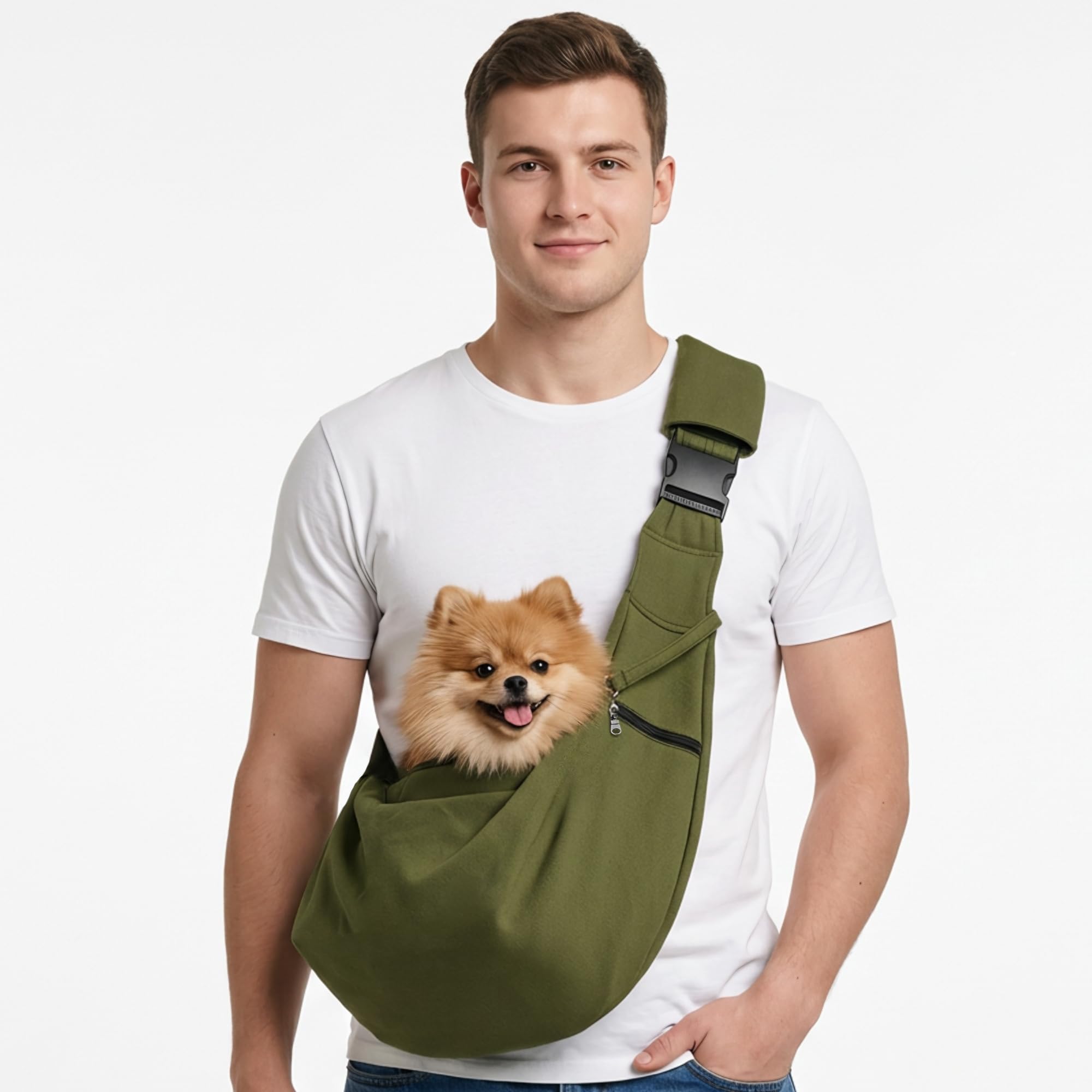 ALLSOPETS Sac de Transport Chien Chat, Sac Bandoulière Respirant pour Petit Chien et Chat avec Crochet de Sécurité, Transport Facile pour Balades et Vétérinaire (Vert Olive)