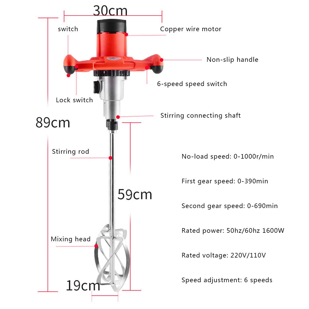 Mezclador de Cemento portátil eléctrico, Mezclador de Taladro de hormigón de Mano con Varilla Doble para Mezclar lechada, Pintura, Barro, Yeso, mortero de Capa Fina, lechada y Yeso