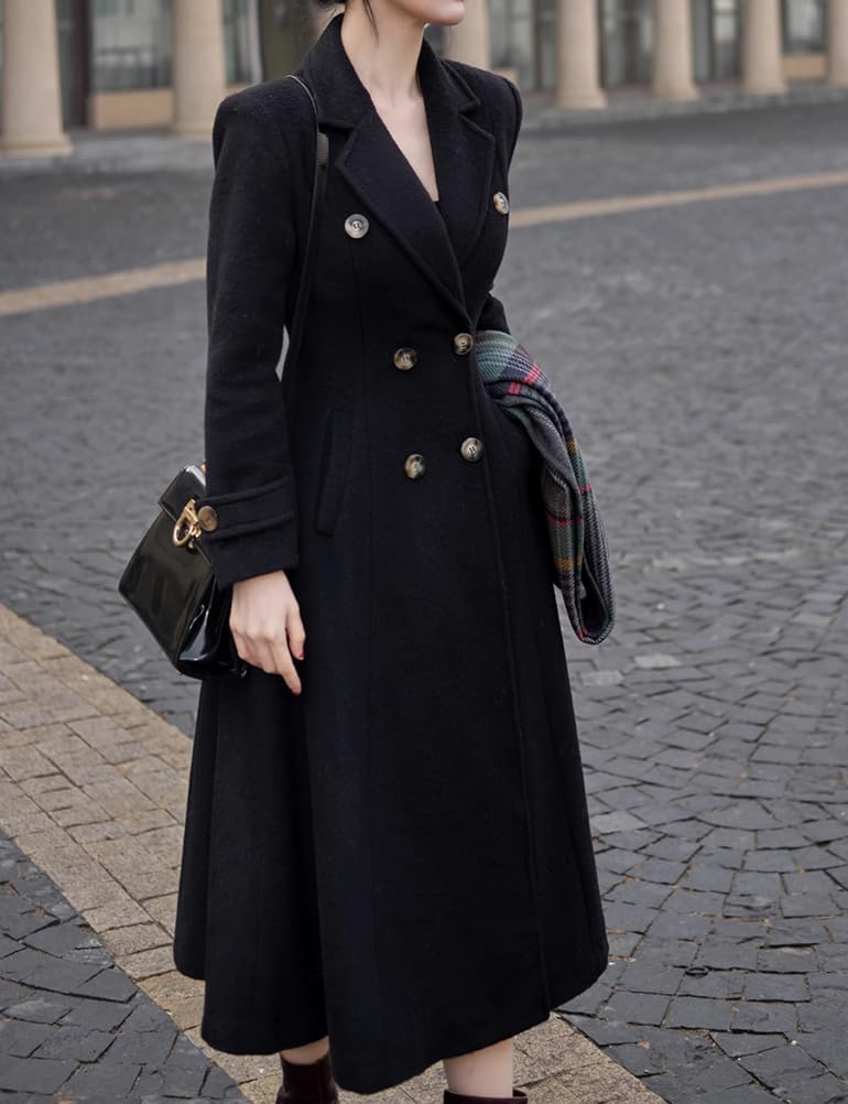 Kinghua Long Wool Coats for Women Fall Winter V Neck PeaCoat Double Breasted Dressy Blazer Jackets Trench Coat with Pockets - Image 3