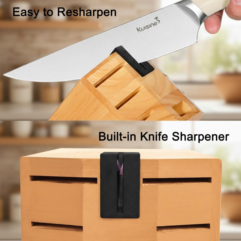KUISINE Upgraded Knife Set High Carbon Stainless Steel Super Sharp Blade Ergonomic Rivet Handle,Knife Block Set with Built-in Sharpener(Ivory Acacia Pro,15PCS) - Image 3
