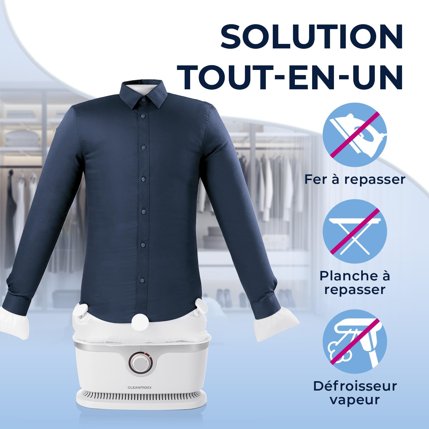 CLEANmaxx Repassage automatique de chemises PRO | Remplace le fer à repasser, la planche à repasser, le défroisseur vapeur et le steamer | Pour chemises, chemisiers & t-shirts | Innovant & efficace
