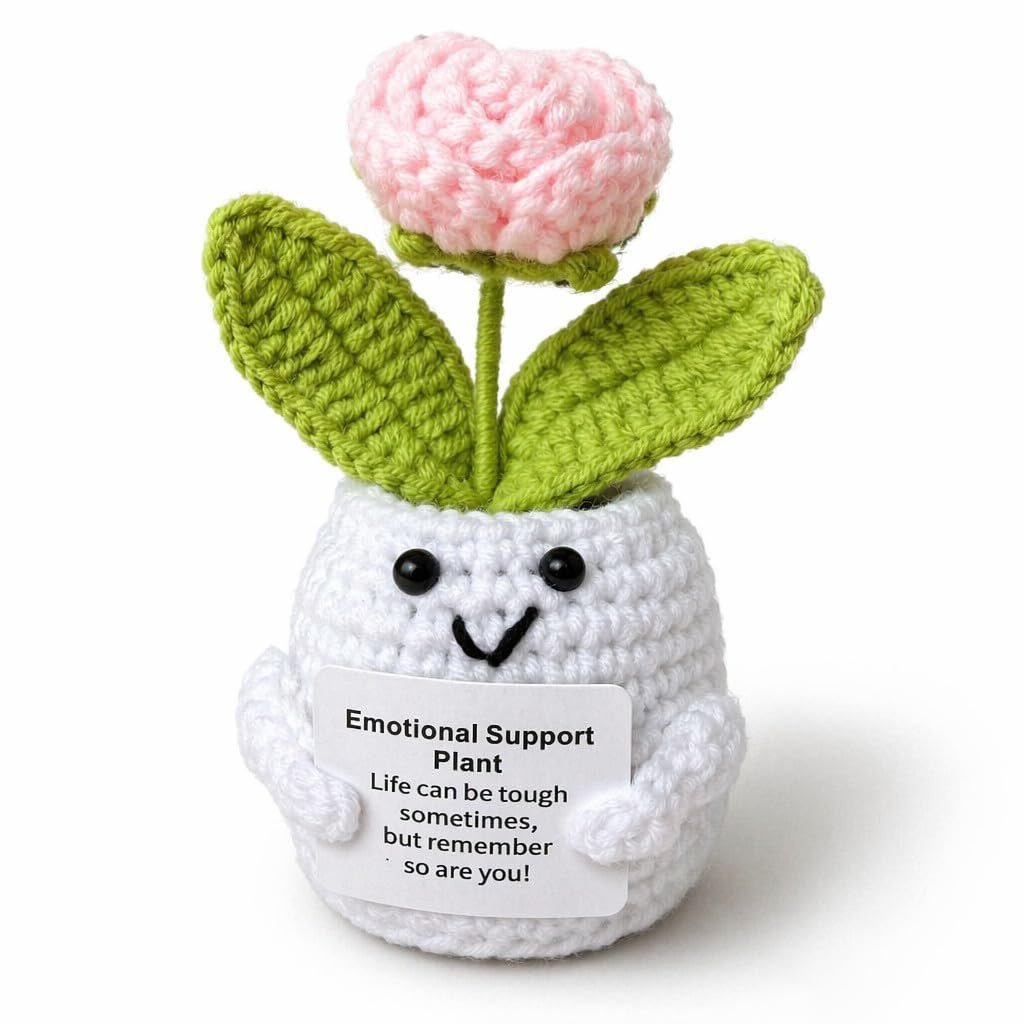 SWJing Crochet Positive Plant Decor with Encouragement Card, Handmade Knitted Flower Pot Ornament, Inspirational Desk Decor Gift for Friends, Coworkers, Women and Men