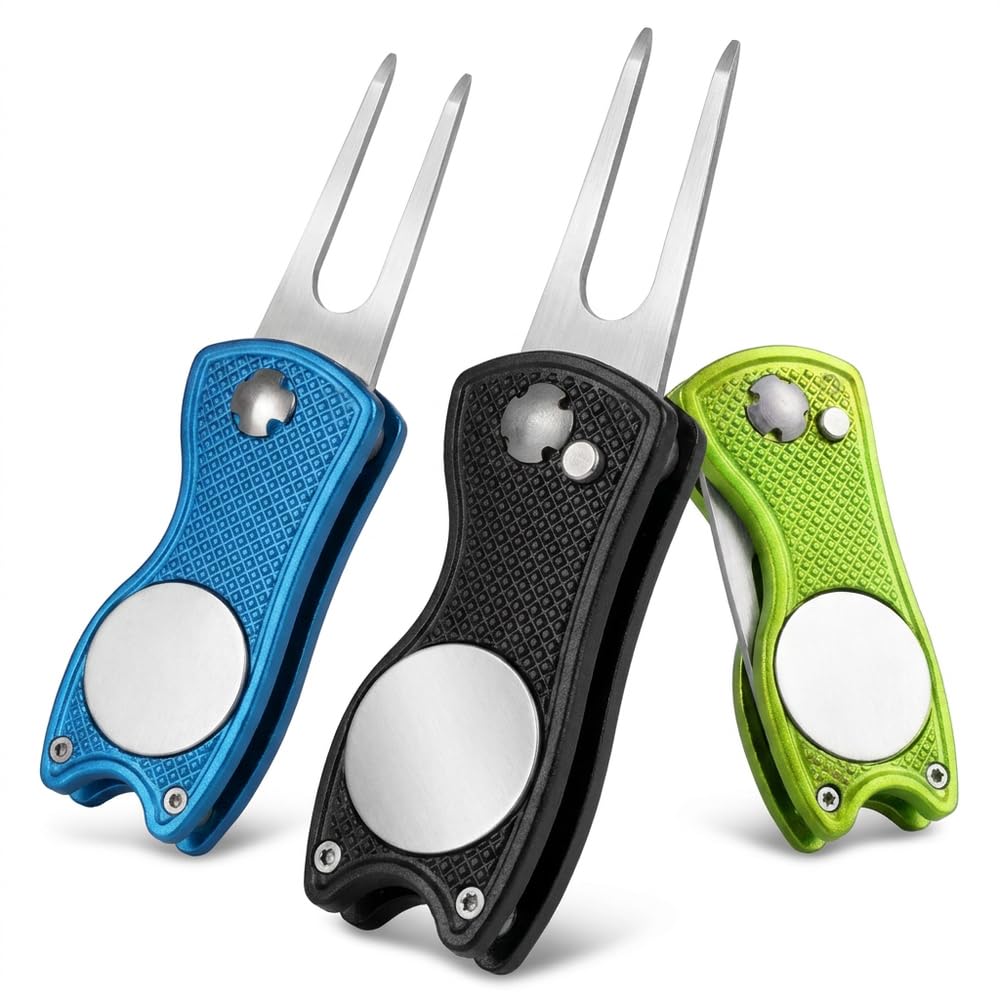 Nivalora 3PCS Golf Divot Tool Set, Golf Pitch Mark Repairer with Magnetic Ball Marker, Push Button ABS and 304 Stainless Steel, Lightweight Design for Putting Green Use