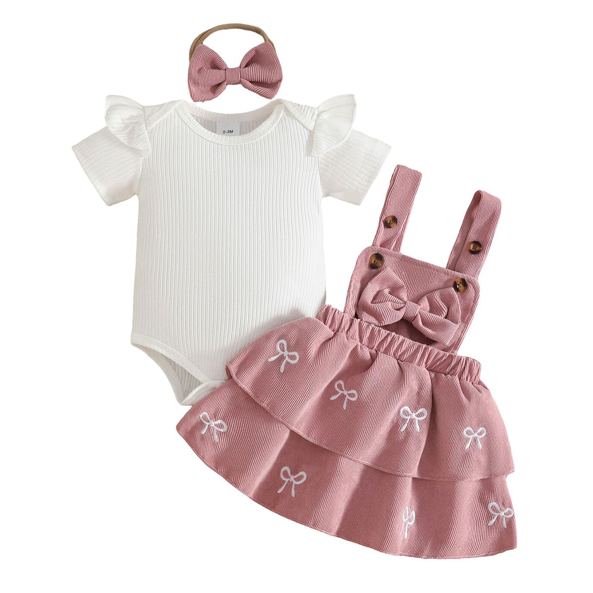 JENJON Baby Mädchen Sommer Röcke Sets Kleid Säugling Kurzarm Geripptem Oberteil mit Schleife/Plaid Cord Hosenträgerrock Set 3-teiliges Outfits - 2