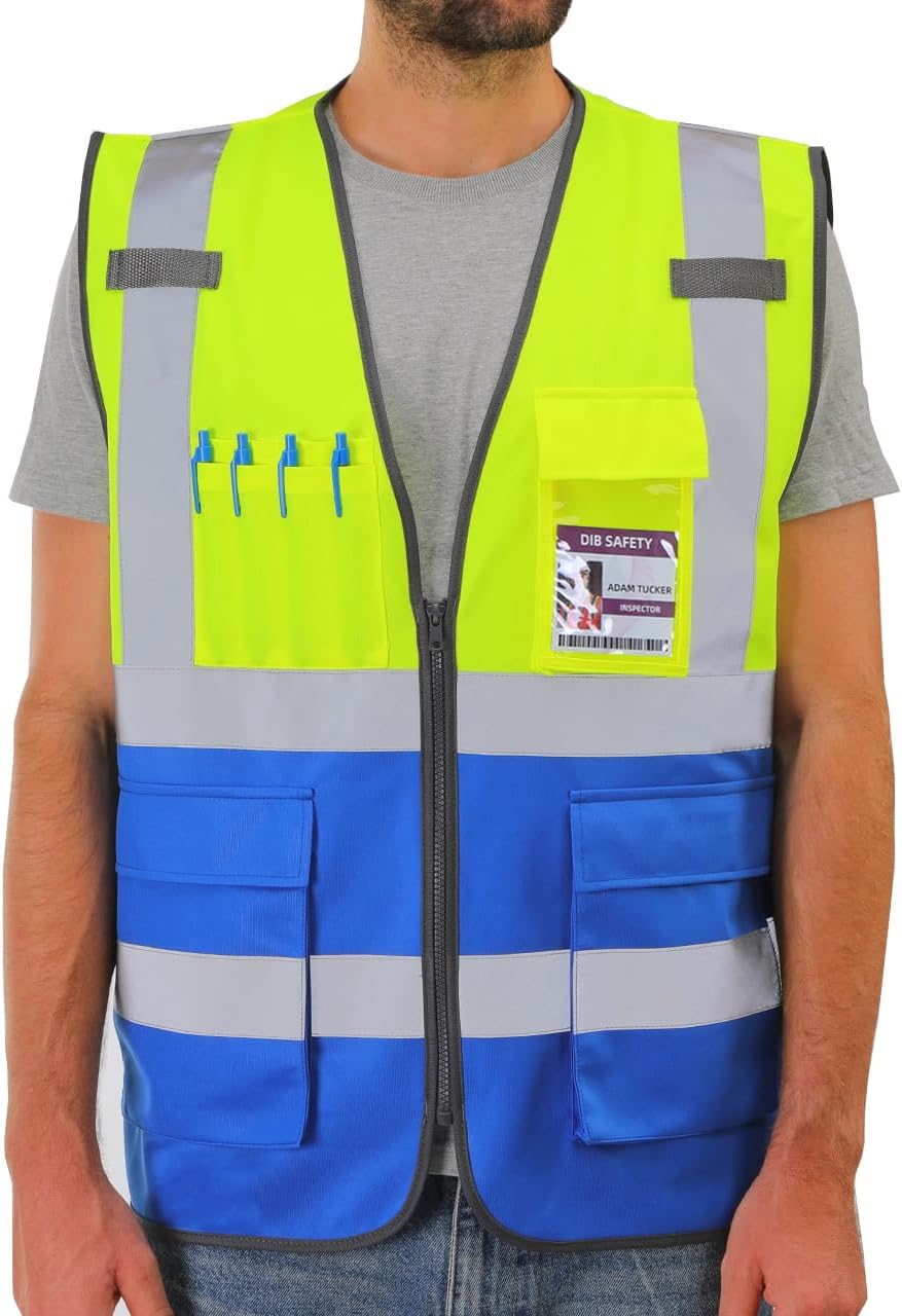 Dib Safety Reflective Vest ANSI Class 2, High Visibility Vest with Pockets and Zipper, Construction Work, Hi Vis