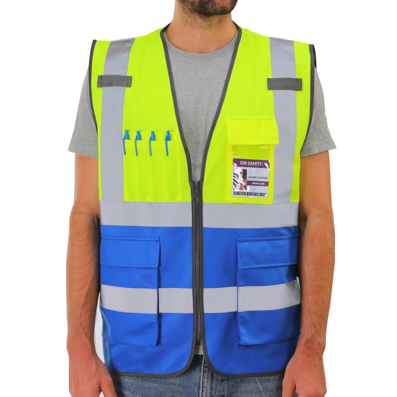 Dib Safety Reflective Vest High Visibility with Pockets and Zipper, Yellow and Blue 4XL