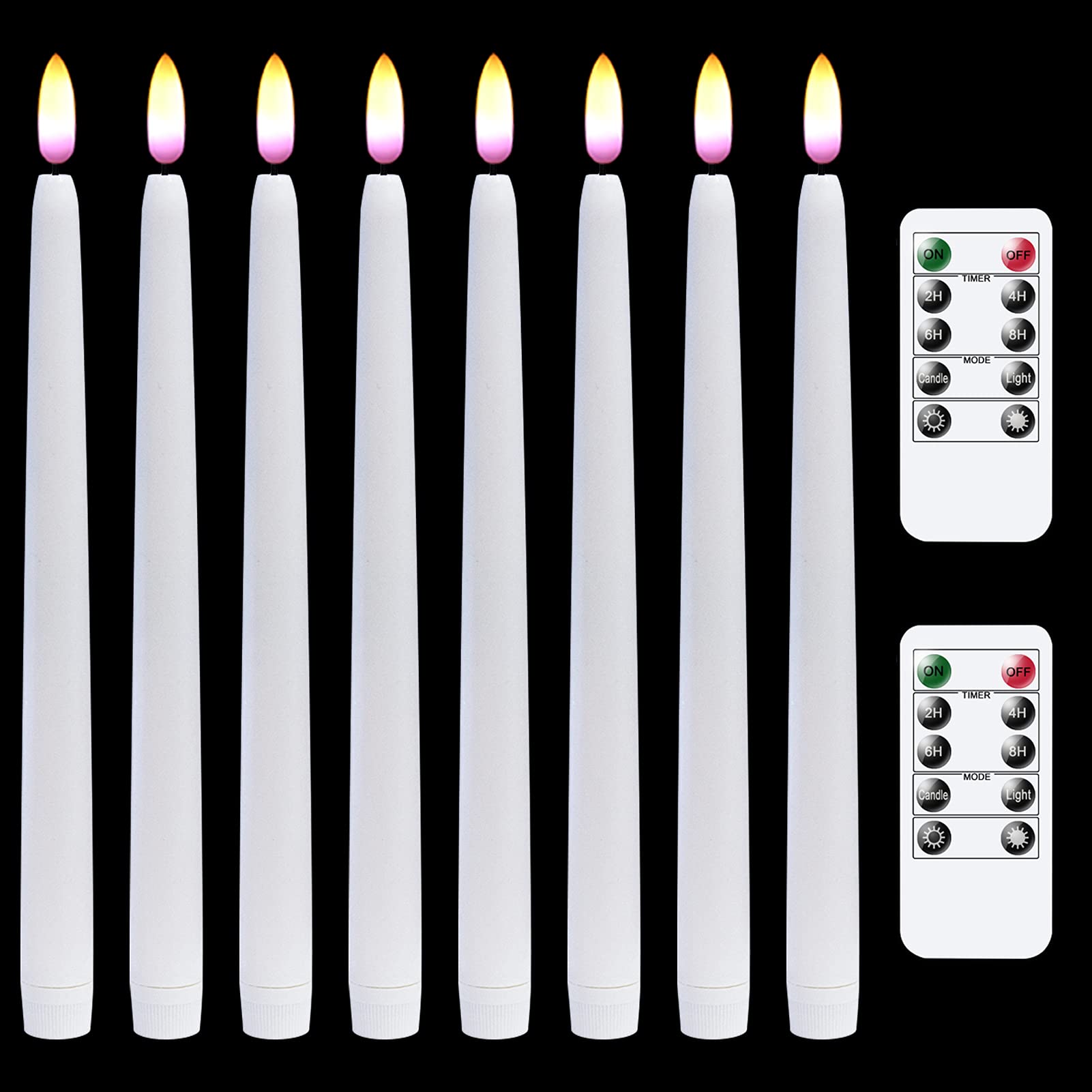 Wondise Candele tremolanti senza fiamma coniche con telecomando e timer, 28 cm, a batteria, in vera cera bianca 3D, candele LED per finestre, set di 8 (D 2 cm x H 27,9 cm, 2 telecomandi)