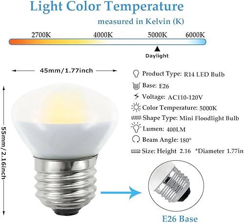 Miniatura 4 de Bombilla LED R14 de 4 W (equivalente a 40 W), mini bombillas reflectoras de 5000 K, luz diurna, bombilla de gabinete Curio, no regulable, bombillas