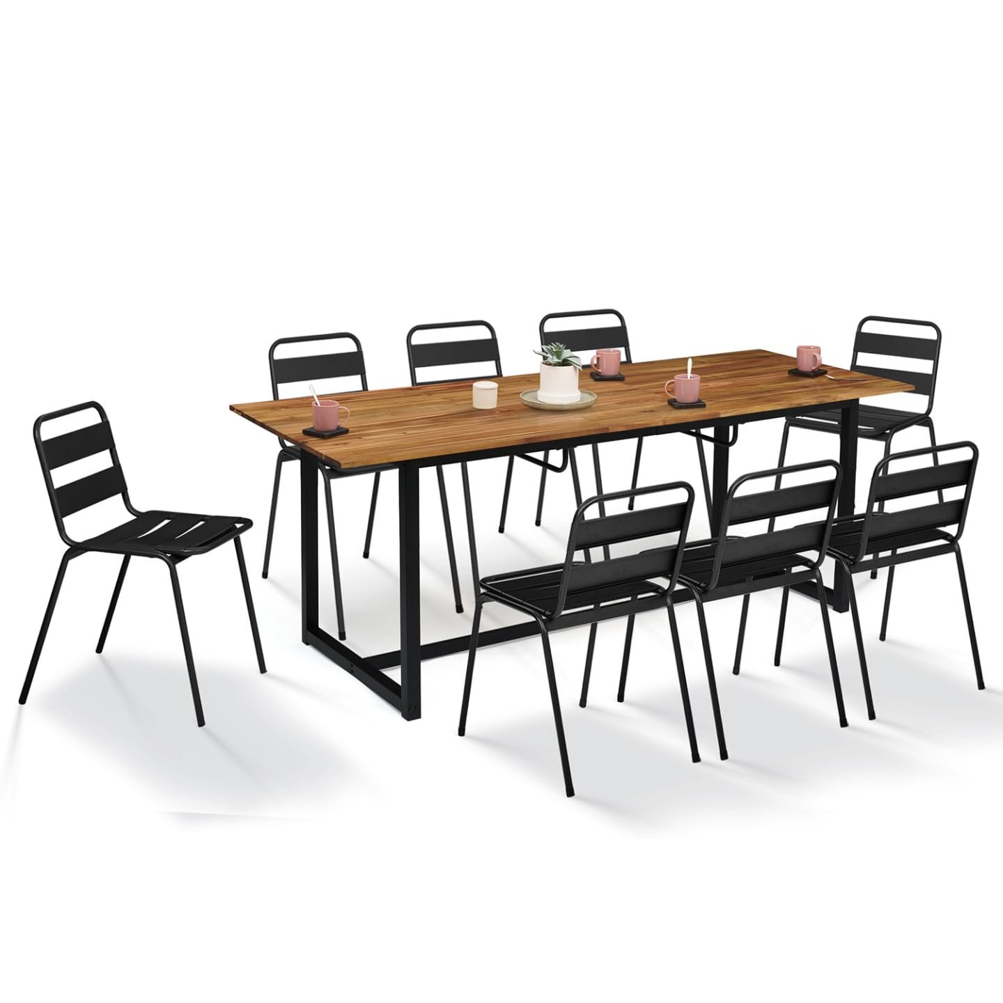 IDMarket - Salón de jardín extensible Soho 8/10 plazas mesa 160/200 cm acero + acacia y 8 sillas apilables negras
