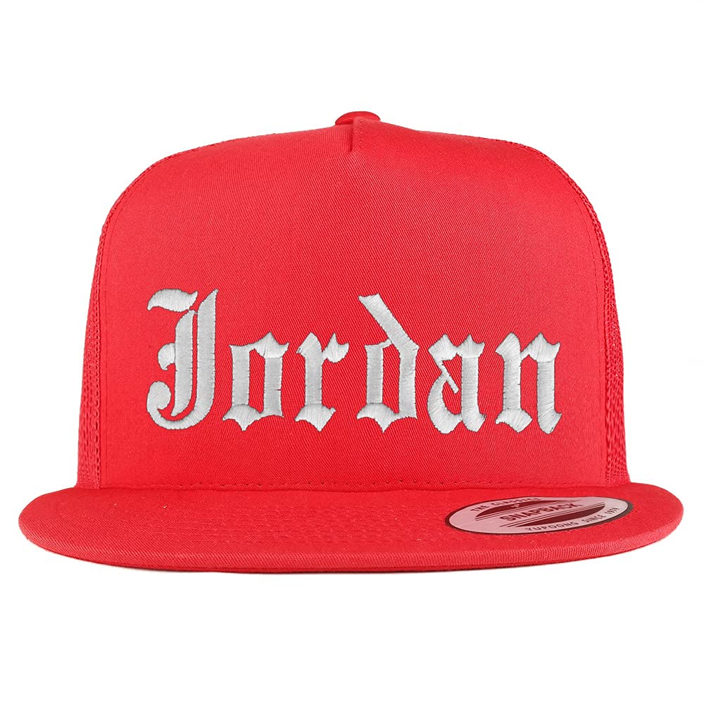 Trendy Apparel Shop Jordan Old English 5 Panel Flatbill Trucker Cap