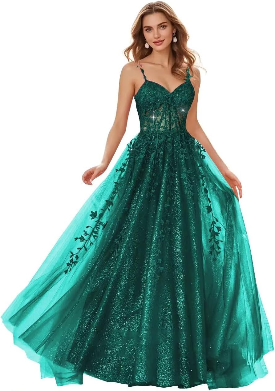 Glitter Tulle Prom Dress Lace Appliques Sweetheart Long Ball Gown with Slit