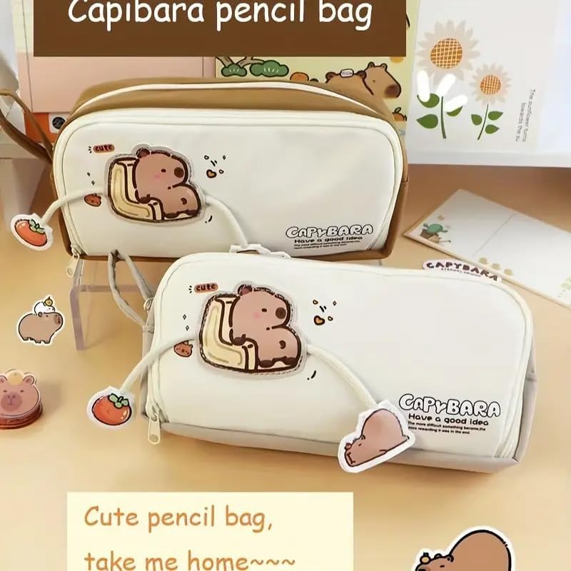 Image of Invite Capybara White Pouch Large Capacity Cartoon Pencil Case Double Layer Cute Aesthetic Pencil Case for Girls Multifunctional Stationery Organizer for School Office (Capybara Brown Pouch)