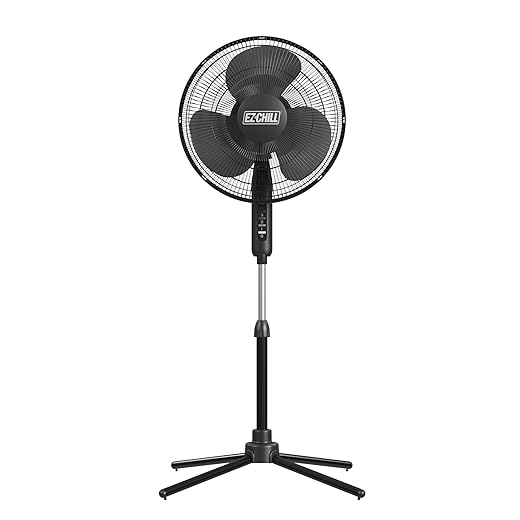 EZ-Chill 16” Oscillating Pedestal Fan, 3-speed Options, 90-Degree Oscillating Head, Adjustable Height and Tilt, Powerful Air Flow, Black, MTFS-16B-BLK
