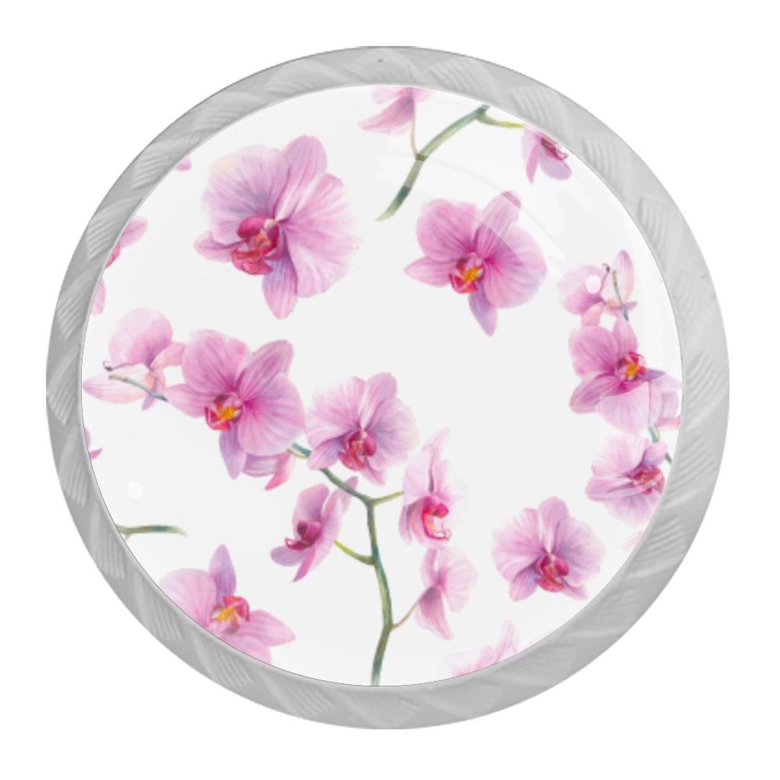Tqmspg 4 Pieces Drawer Pulls Watercolor Orchid Flowers Blossom Door Knobs Dresser Handles for Kitchen Wardrobe Cupboard Hardware Furniture