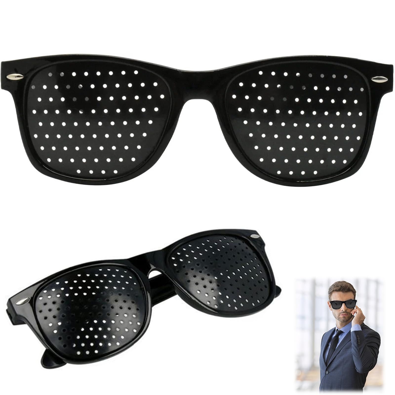 Nurhore Unisex Black 2Pcs Pinhole Glasses For Women Men, Stylish Pin Hole Vision Correction Glasses, Eye Correction Glass With Holes To Improve Vision Fatigue, Comfortable Anti Myopia Spectacles For Eyesight Exercise