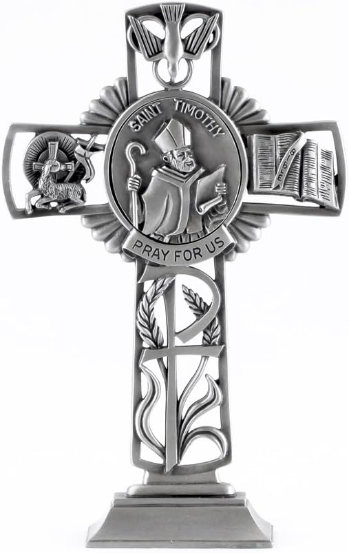 Pewter Catholic Saint St Timothy Pray for Us Standing Cross, 6 Inch