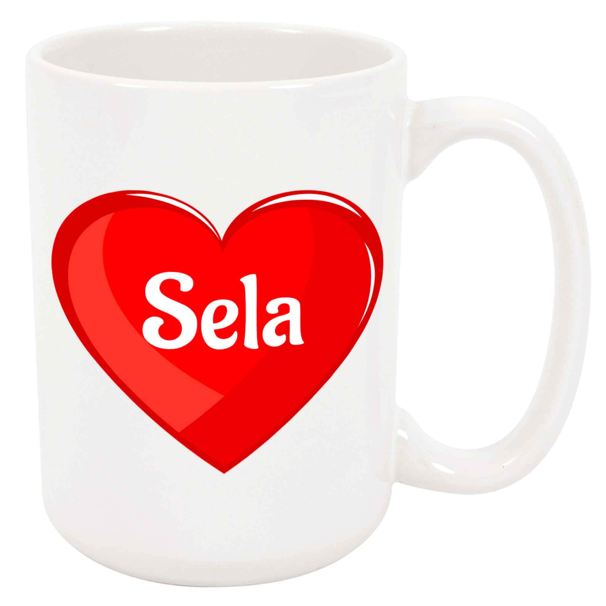 Sela Coffee Mug - Personalized Ceramic Heart Cup with Name, Custom Mug, Customized Birthday/Christmas Gift, Holiday Present, 11 Oz