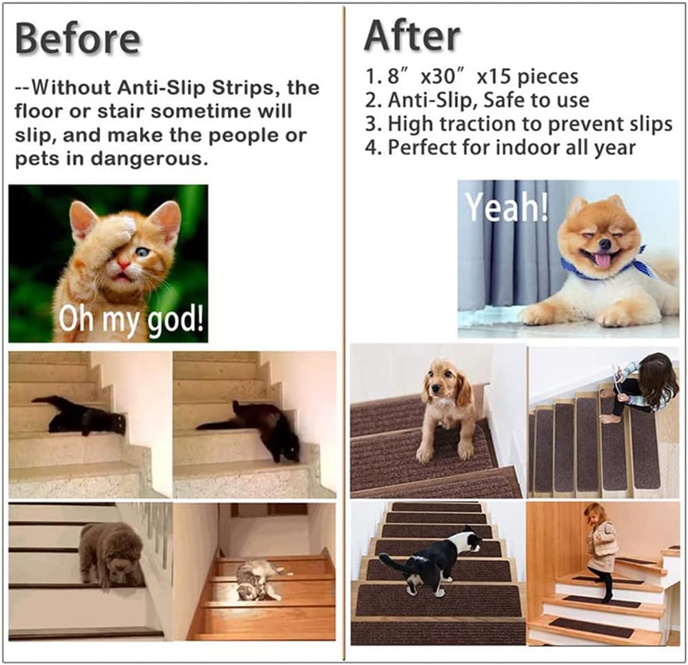 Non-Slip Carpet Stair Treads for Wooden Steps 8''X 30'' 15Pcs Peel & Stick Stair Treads Strips Safety Rug Runner Mats (8'' x 30'', Green)