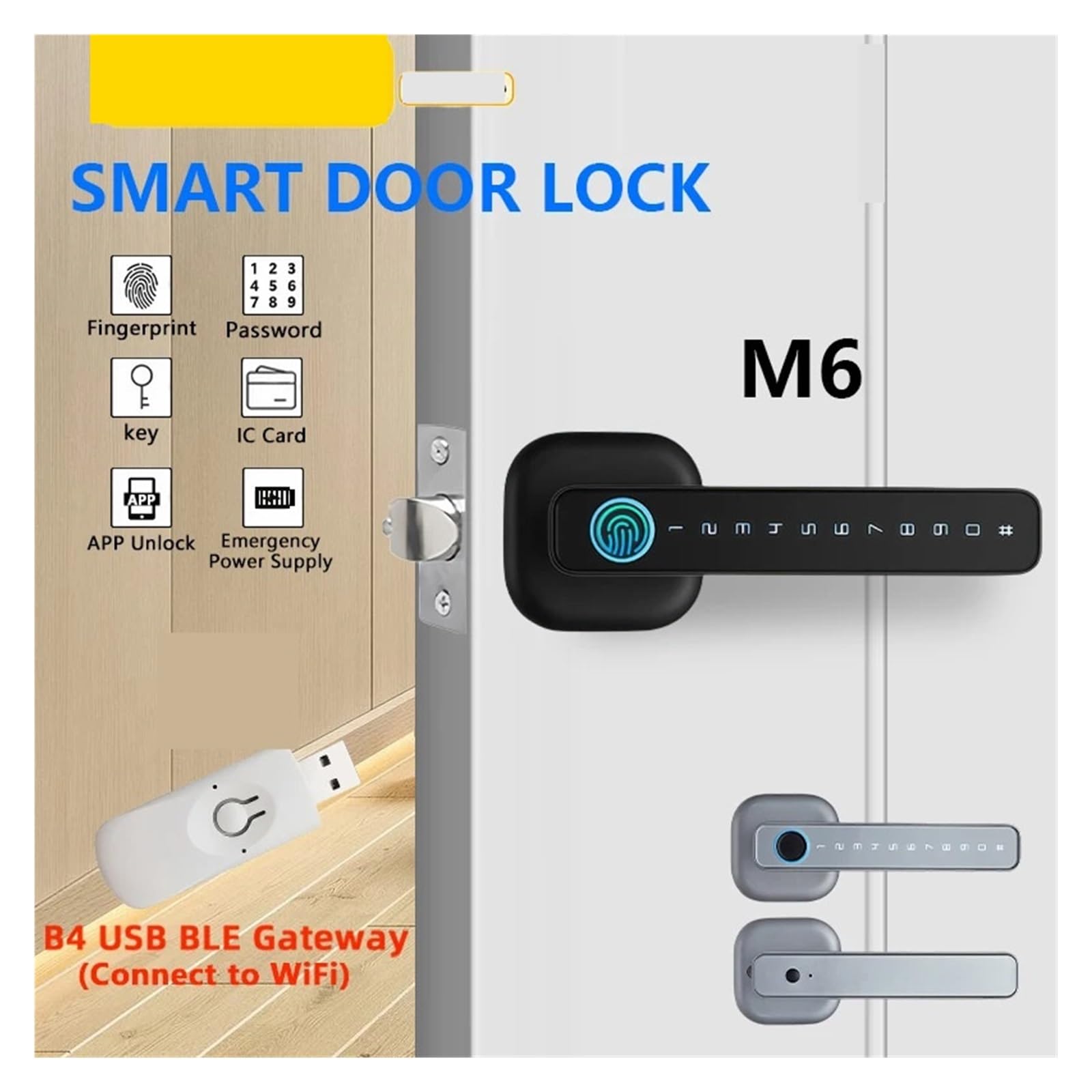 Serrure de porte intelligente, Serrure de porte intelligente Bluetooth M6, mot passe à empreintes digitales, déverrouillage multiple, serrure électronique for la maison(Silver)