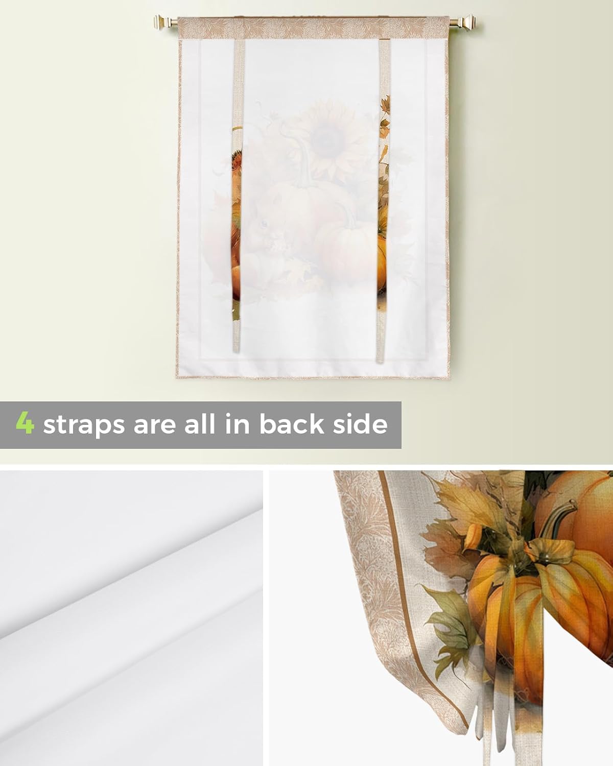 Thanksgiving Squirrel Tie Up Window Shade Curtain Fall Harvest Pumpkin Sunflowers Kitchen Adjustable Balloon Curtains Shades Drape 52x63In for Living Room/Bedroom/Cafe Windows Retro Leaf
