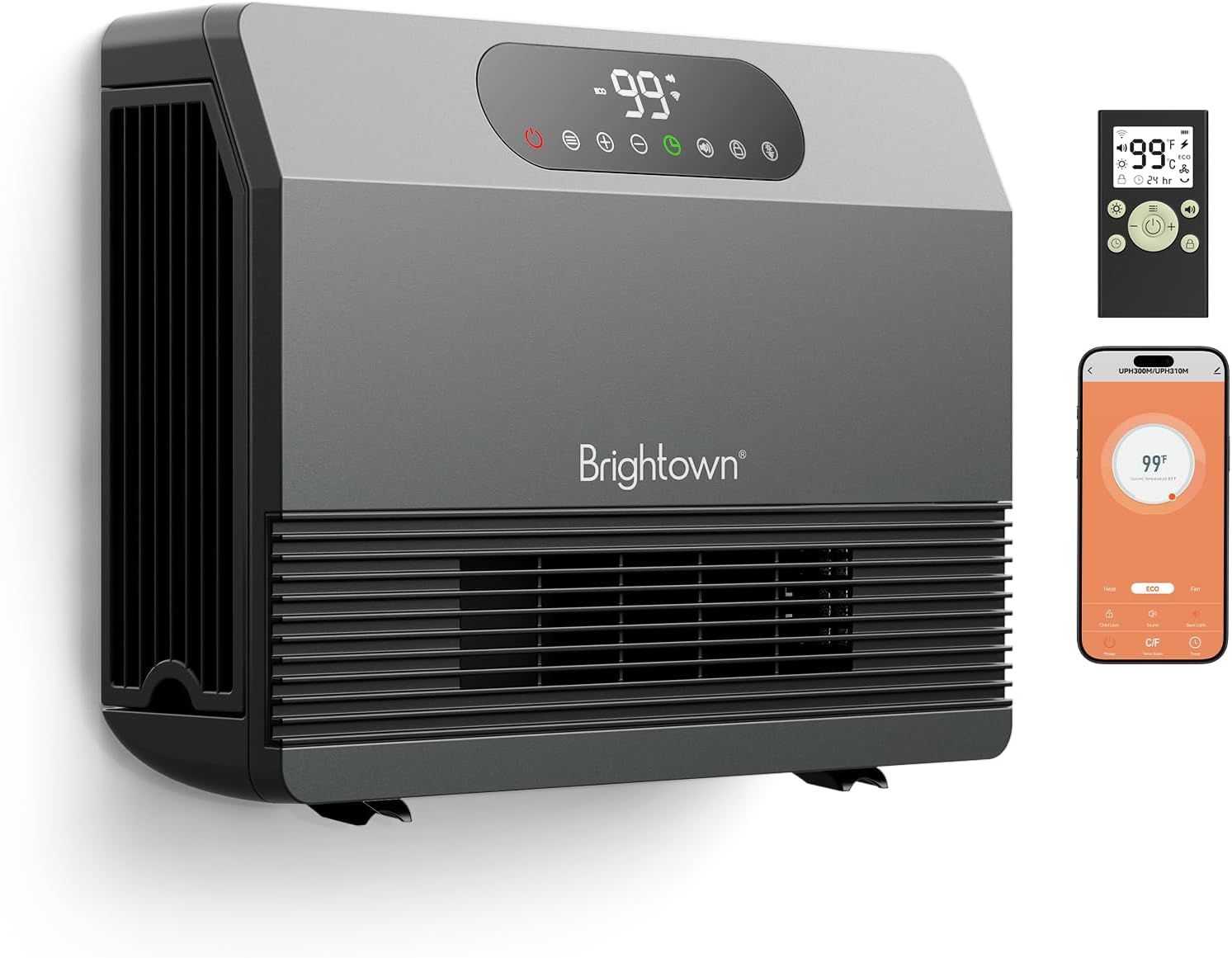 Brightown Wall Heater, 1500W Space Heater for Indoor Use, Adjustable Thermostat, Multiple Control Ways, 12H Timer, Easy Wall Mount Heater for Bedroom, Works with Alexa, Grey