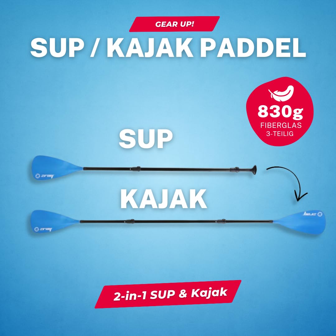 Lukadora ZRAY - Remo multifunción para SUP y kayak, fibra de vidrio ligera, ajustable con mango ergonómico
