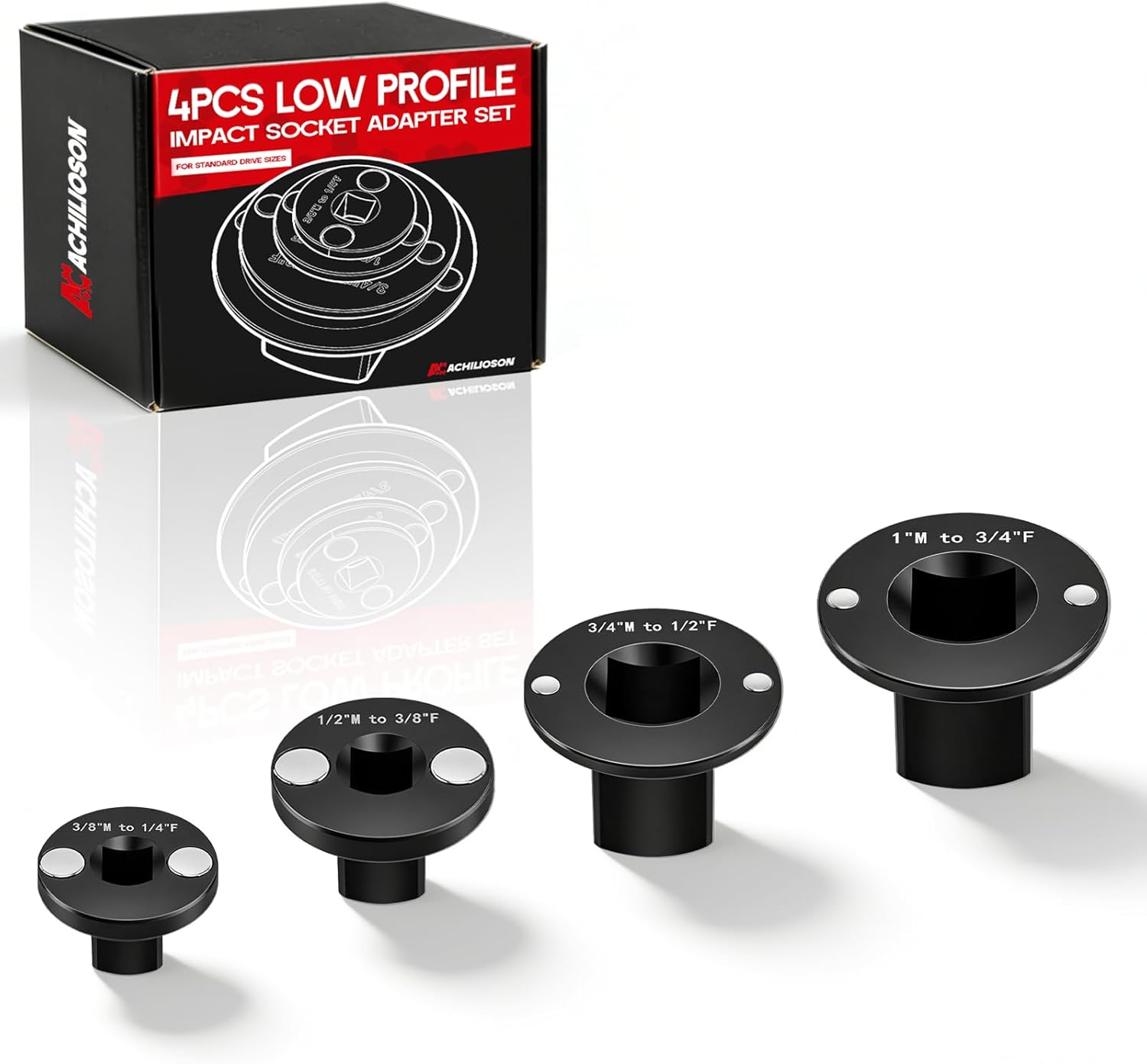 4Pcs Low Profile Impact Socket Adapter Set for Standard Drive Sizes - Magnetic Ratchet Converter Kit for Tight Spaces (3/4" to 1", 1/2" to 3/4", 1/2" to 3/8", 1/4" to 3/8")