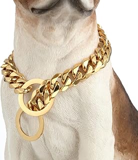 RUMYPET Gold Dog Collar 18K Gold P Chain 11MM/15MM/19MM Cuban Link Chain Collar Walking Trainning for Small Medium Large Dogs 12inch to 26inch(15mm,16inch)