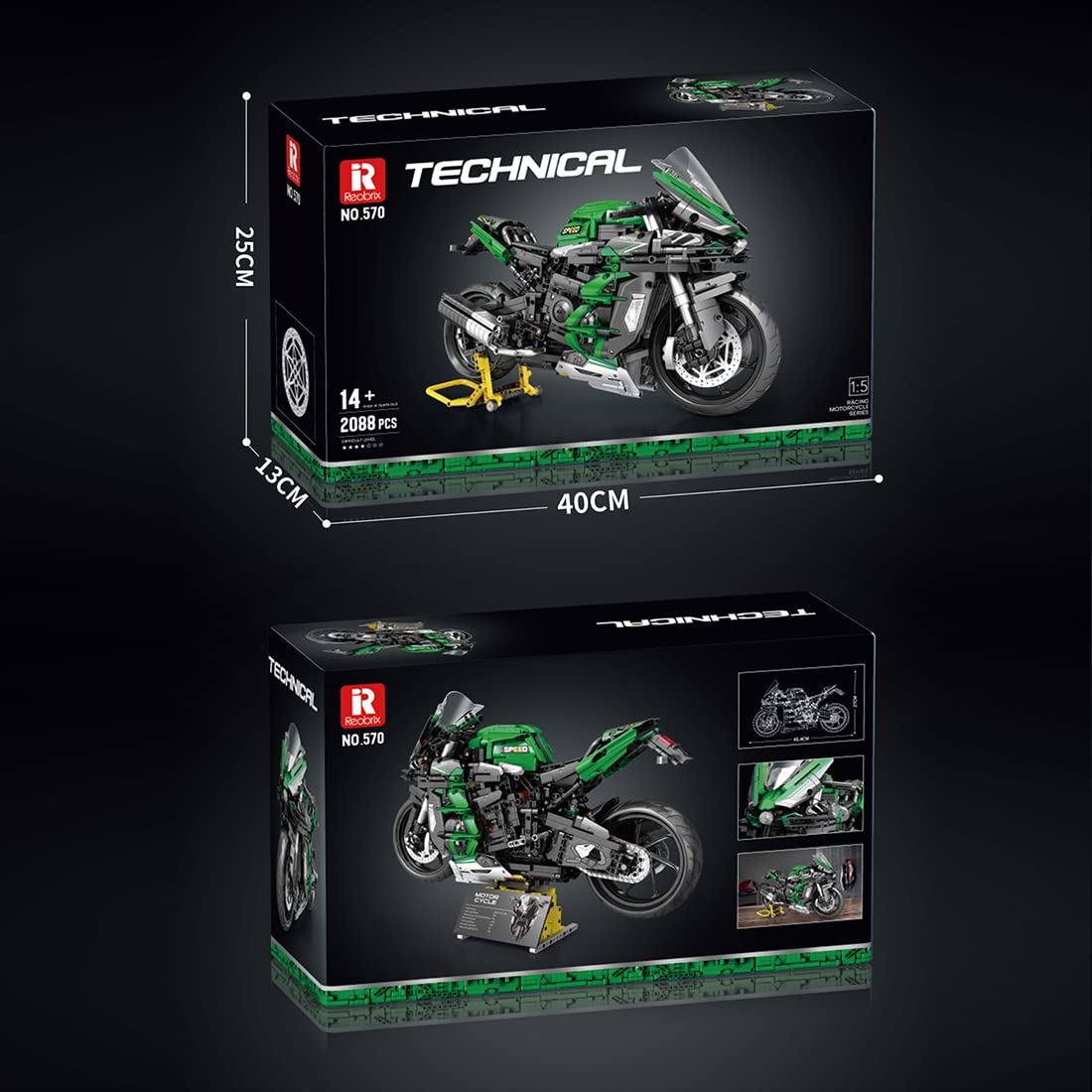Reobrix 1:5 Motorrad-Modell Bausatz, 2088 Teile, für Kids, Teens und Erwachsene, Grün, Modern, Komplexes Bastelerlebnis, nicht zusammenklappbar