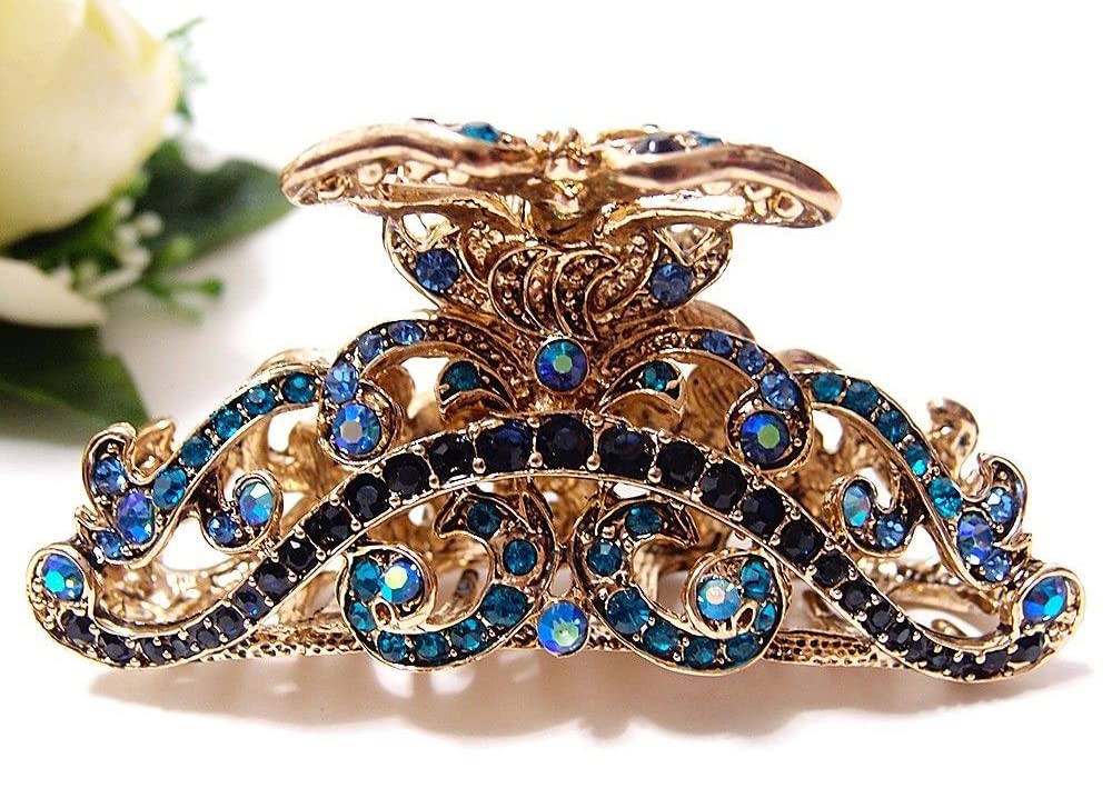 TROTH FASHION Metal Antique Gold Plated Hair Clips Women, Crystal Rhinestone Hair Claw, Diamante Claw Hair Clamp, Anti Slip Large Claw Clips for Thin & Thick Hair, Hair Styling Accessories Women