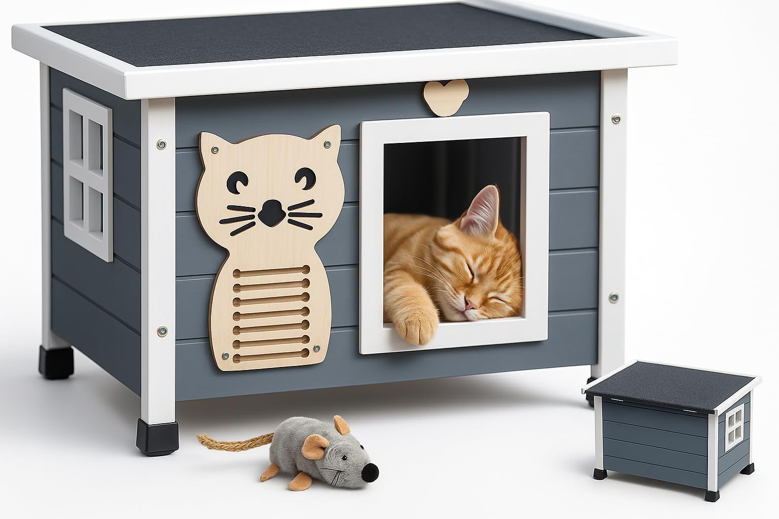 zooprinz Holz Katzenhaus – Katzenkiste mit Schwingtür, Grau-Weiß | Katzenbox mit Dach zum Öffnen, Fenster, Sisalband und Schwingtür – wetterfeste Hütte für Garten, Balkon, innen & draußen